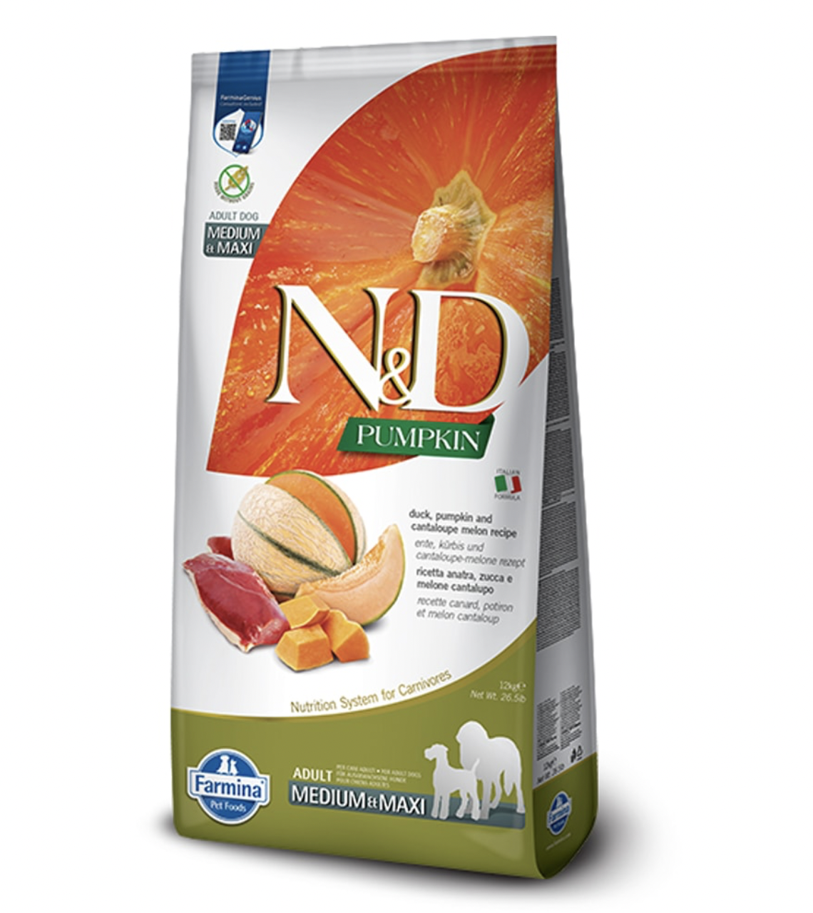 Farmina N&D Dog PUMPKIN (GF) adult medium & maxi, duck & cantaluope 12 kg